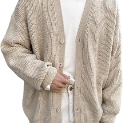 Men Casual Long Sleeve Button Front V Neck Rib Knit Cardigan Sweater