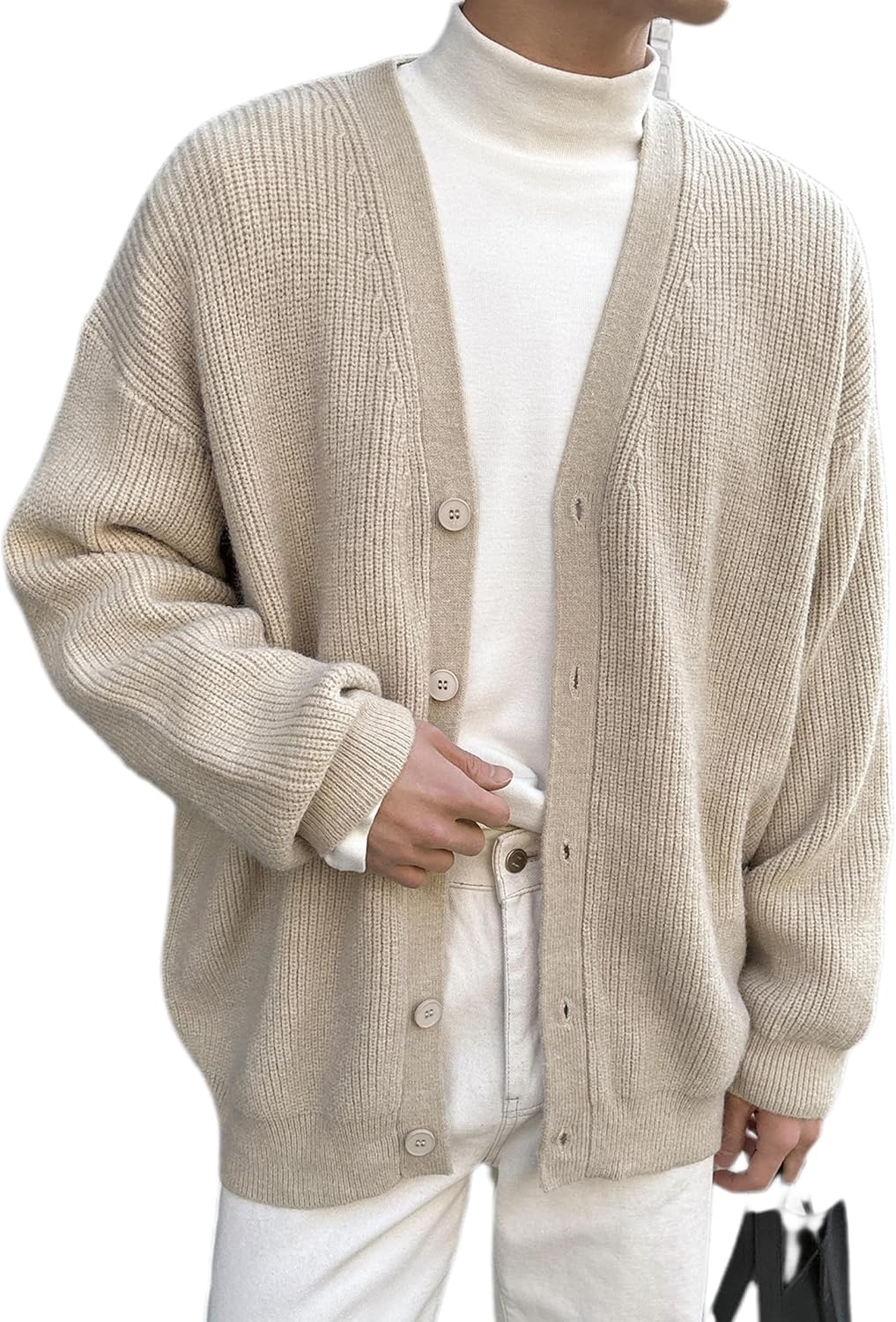Men Casual Long Sleeve Button Front V Neck Rib Knit Cardigan Sweater