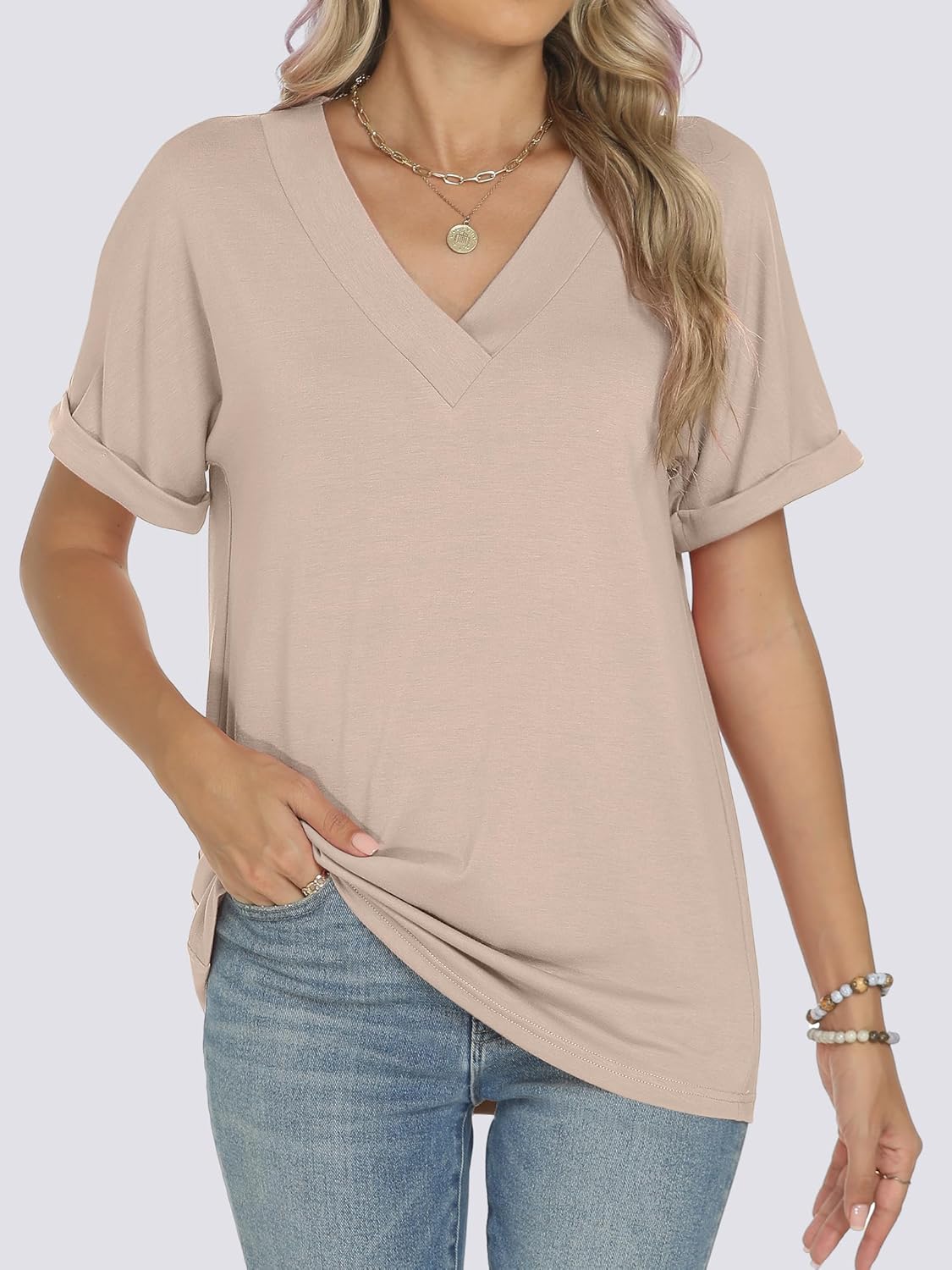 Women Tops Short Sleeve V Neck T-Shirts Summer Loose Fit Dressy Business Casual Blouse Shirts 2025 Trendy Clothes - Image 2