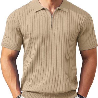Men Zipper Polo Shirts Short Sleeve Ribbed Knit Polo T Shirts Fashion Casual Golf Shirts
