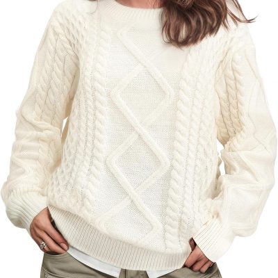 Women Sweater Vintage Pullover Cable Knit Sweater Unisex Woven Crewneck Knit Tops