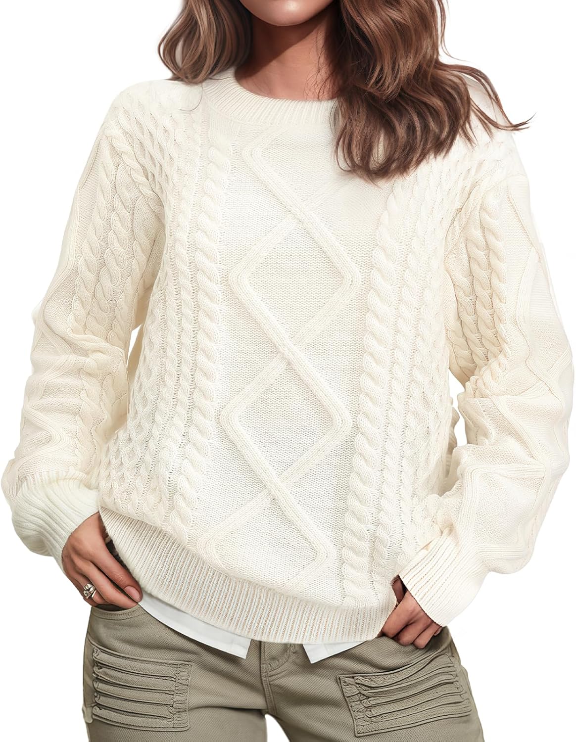 Women Sweater Vintage Pullover Cable Knit Sweater Unisex Woven Crewneck Knit Tops