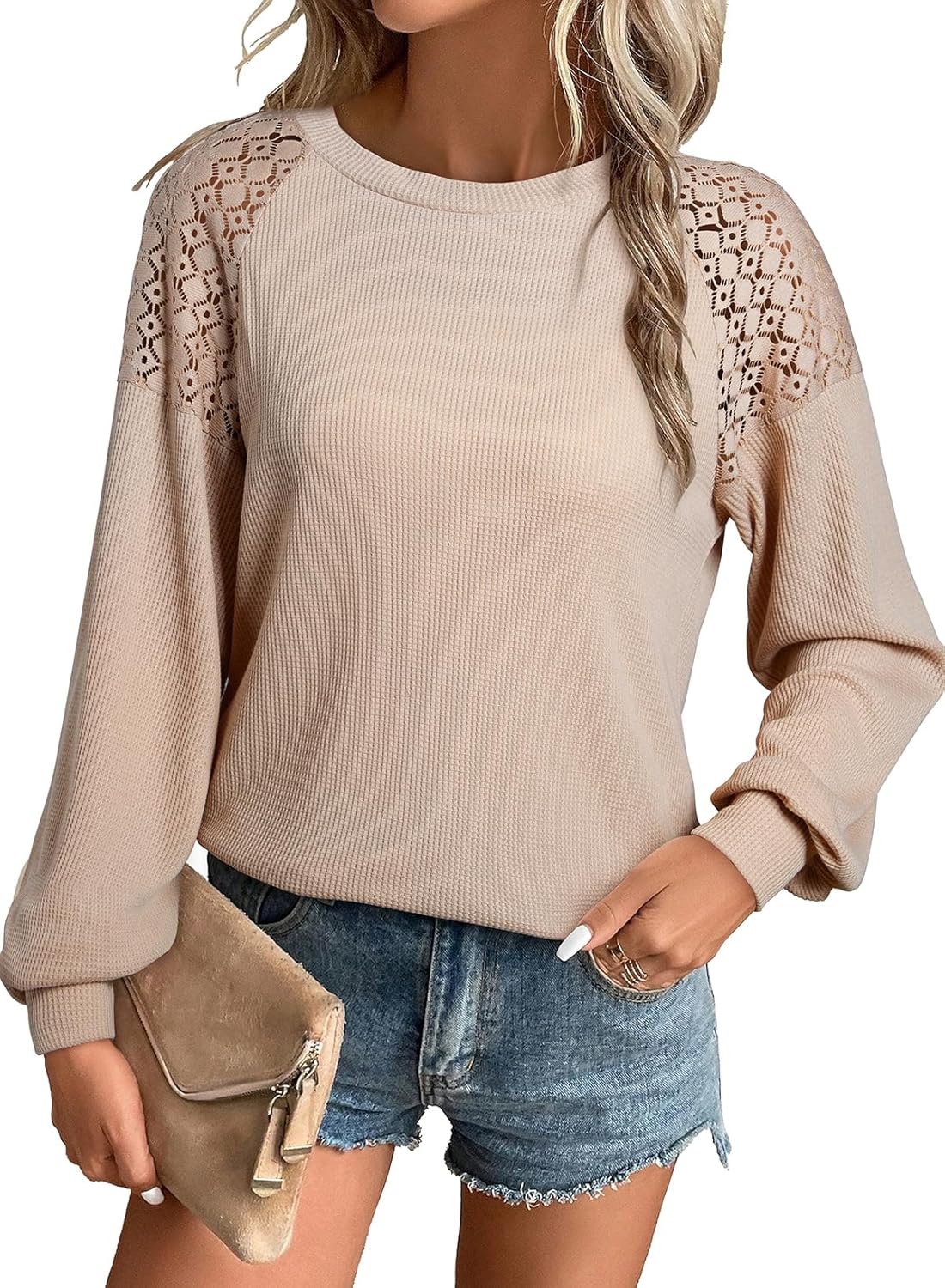 Women Long Sleeve Tops Dressy Casual Crewneck Waffle Lace Patchwork Knit T Shirts Trendy Loose Blouses