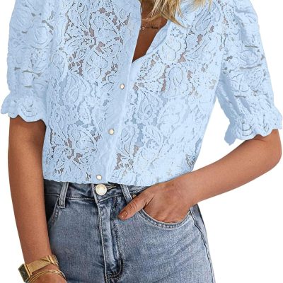 Women Summer Lace Tops Short Puff Sleeve Casual Dressy Blouses Eyelet Crew Neck Button Down Shirts