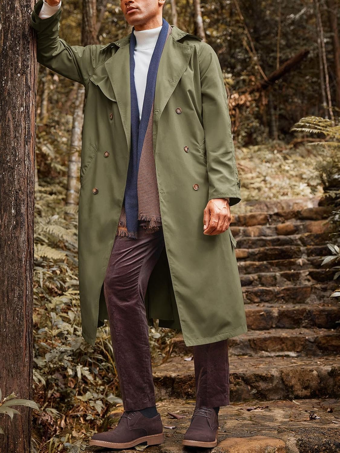 Mens Trench Coat Double Breasted Belted Windbreaker Jackets Lapel Lightweight Long Jacket Casual Overcoat - Image 2