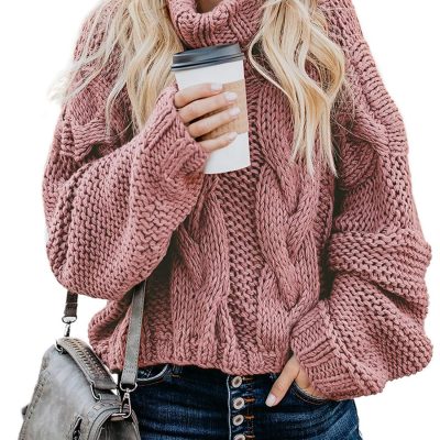 Women 2024 Winter Fall Solid Turtleneck High Neck Balloon Long Sleeve Sweaters Pullover Outerwear