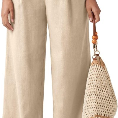 Women Linen Pants Wide Leg Work Dress Pants Casual Slacks Business Pants with Pockets 29" 31"
