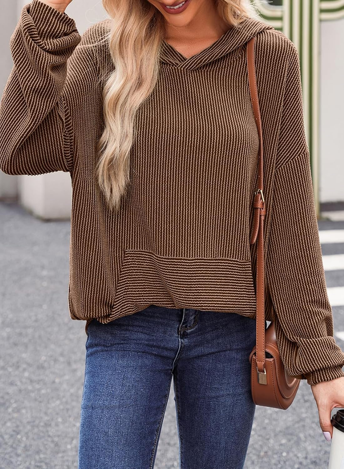 Hoodies for Women Casual Oversized Hoodie Long Sleeve Sweatshirt Solid Pullover Ribbed Knit Tops - Image 2