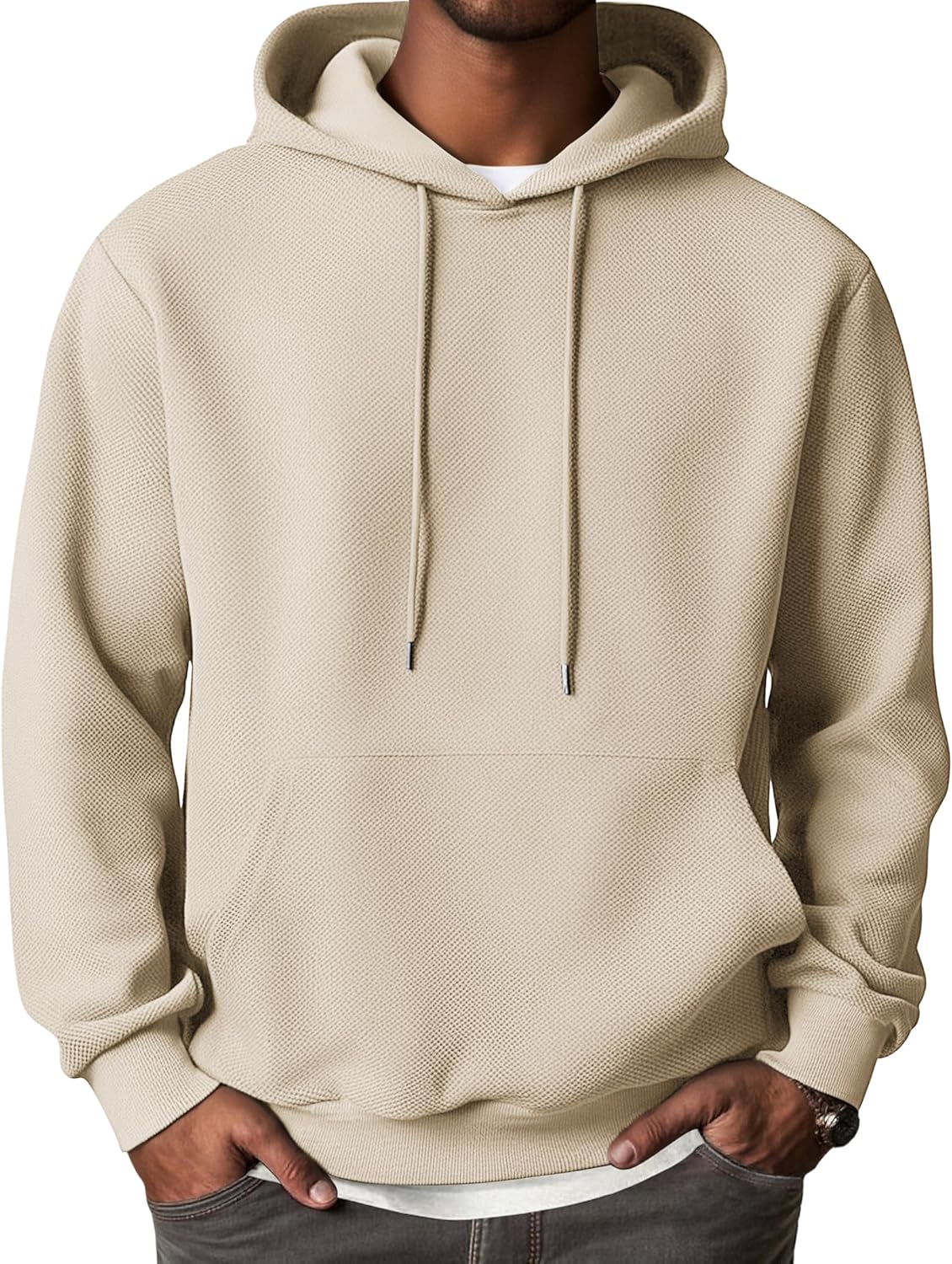 Men's Hooded Sweatshirts Long Sleeve Casual Waffle Knit Pullover Hoodies with Kanga Pocket