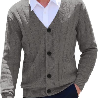 Men Cardigan Sweater Cable Knit V Neck Button up Sweaters Ribbed Cardigan Sweater with Pockets
