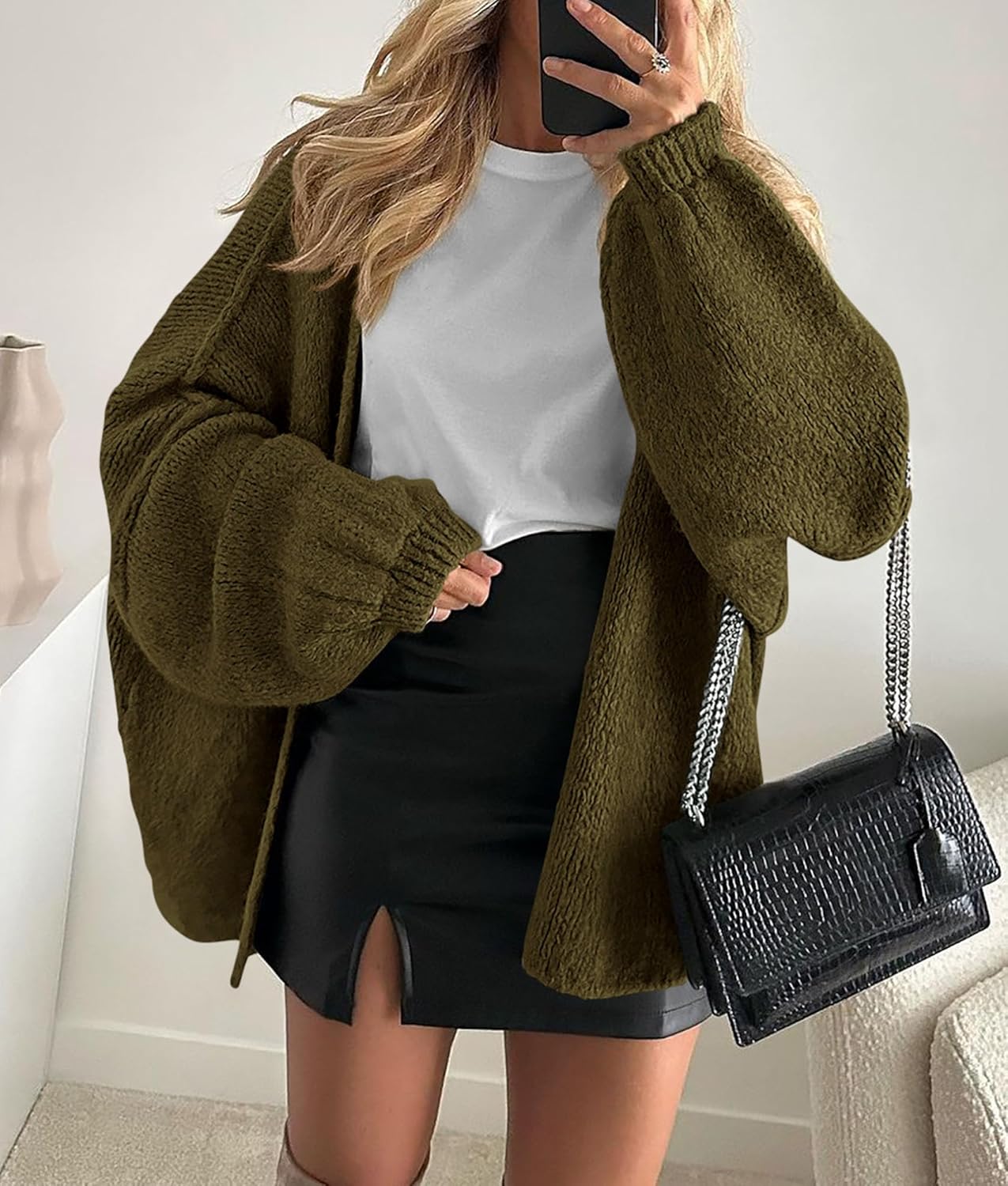 Women Oversized Cardigan Sweaters 2025 Fall Long Lantern Sleeve Knit Open Front Lightweight Sweater - Image 2