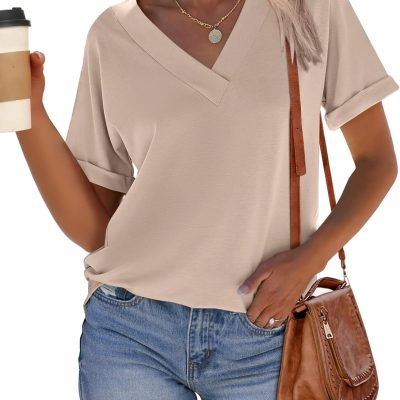 Women Tops Short Sleeve V Neck T-Shirts Summer Loose Fit Dressy Business Casual Blouse Shirts 2025 Trendy Clothes