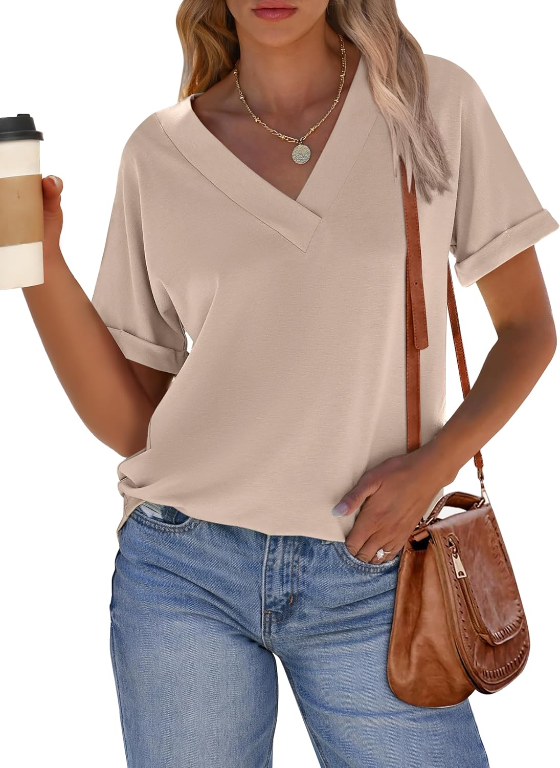 Women Tops Short Sleeve V Neck T-Shirts Summer Loose Fit Dressy Business Casual Blouse Shirts 2025 Trendy Clothes