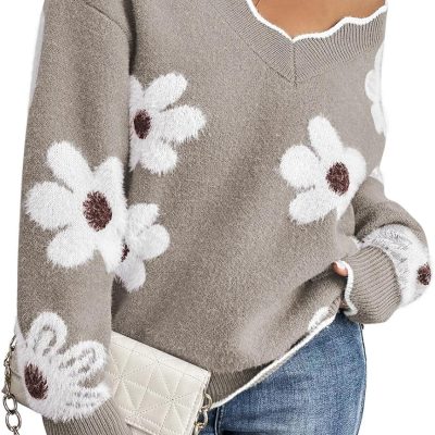 women Oversized V Neck Fuzzy Sweaters 2024 Casual Loose Long Sleeve Chunky Knit Pullover Jumper Tops