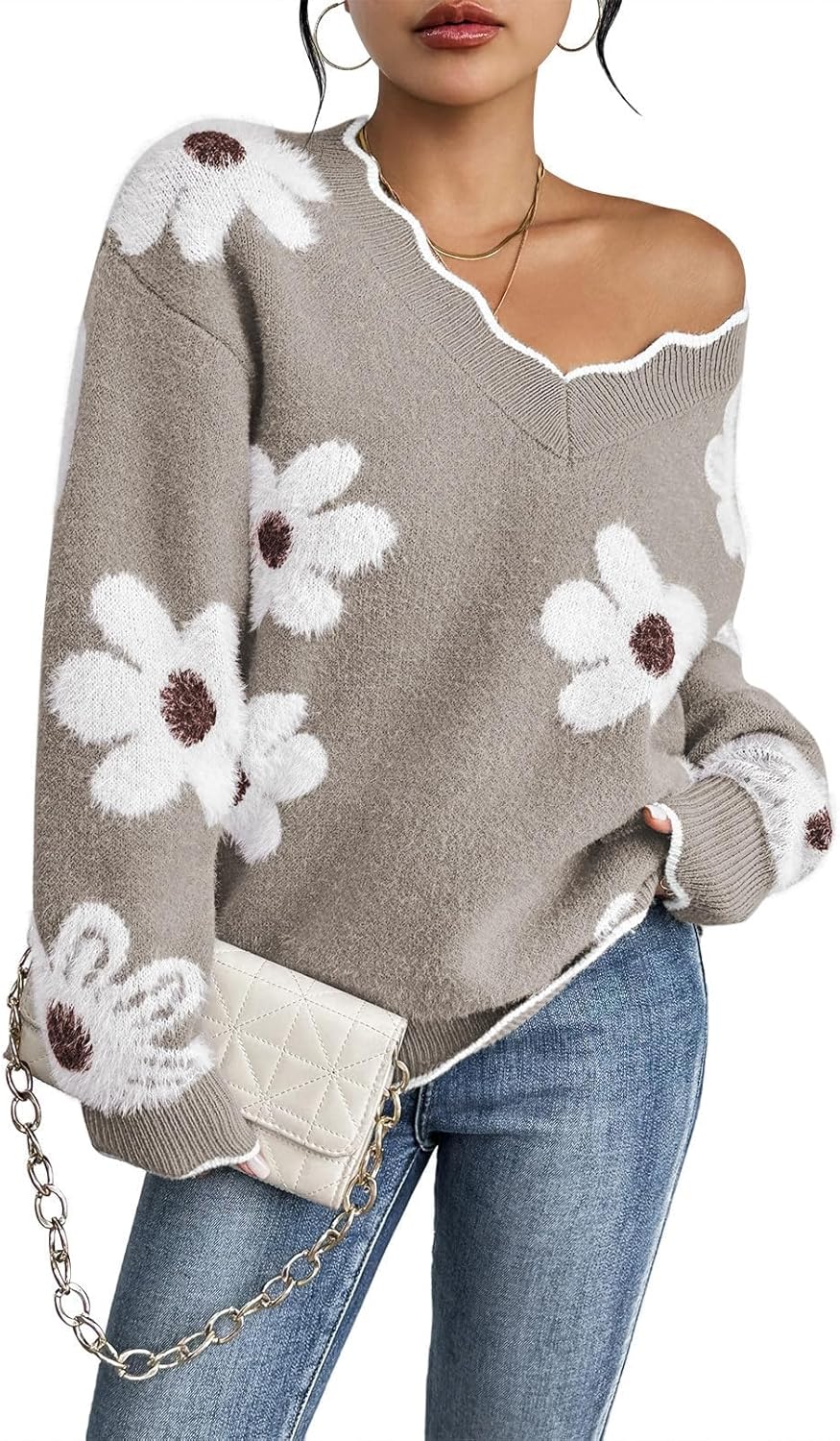 women Oversized V Neck Fuzzy Sweaters 2024 Casual Loose Long Sleeve Chunky Knit Pullover Jumper Tops