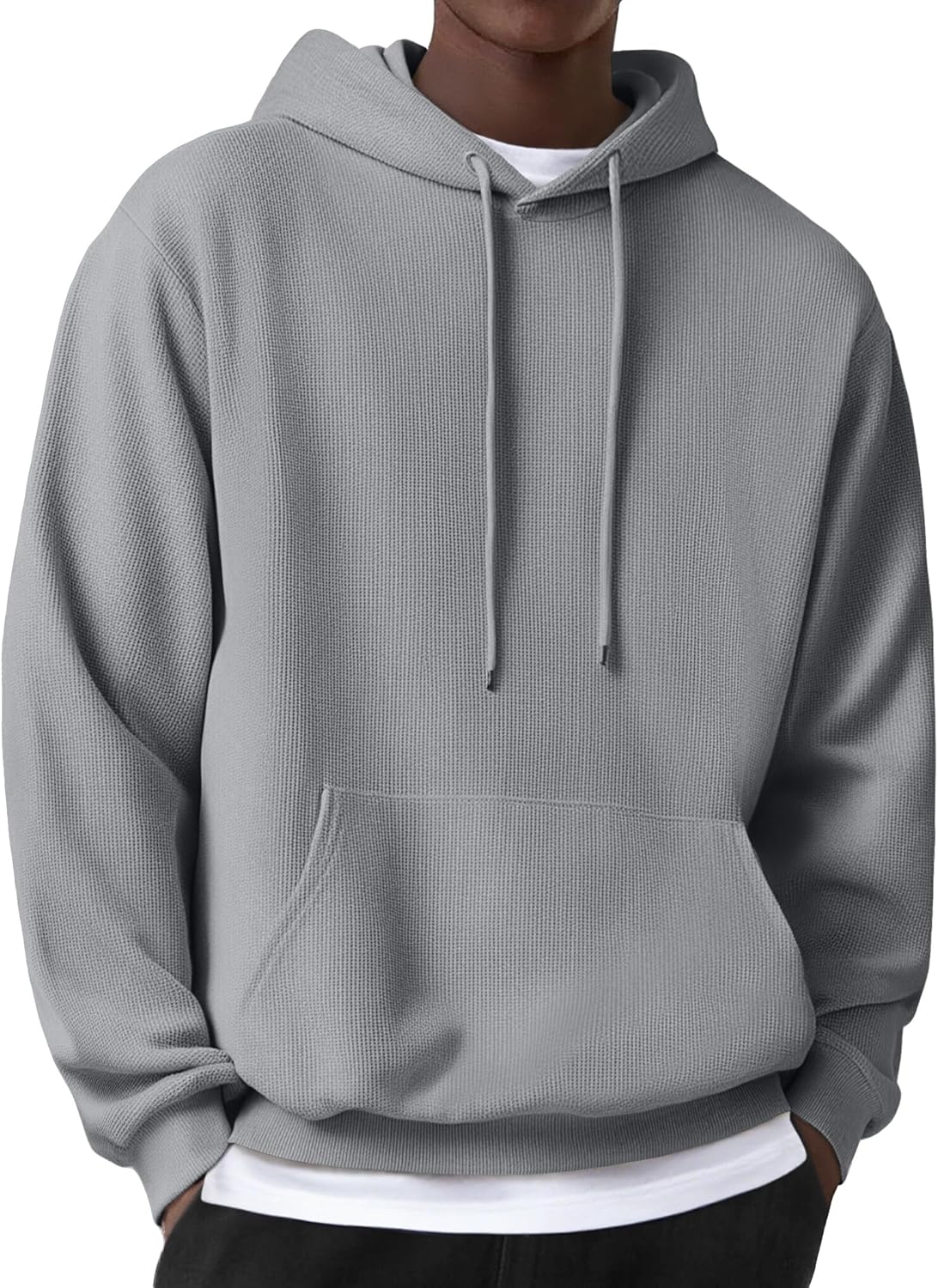 Men's Hooded Sweatshirts Long Sleeve Casual Pullover Hoodie Waffle Knit Sweatshirt with Pocket