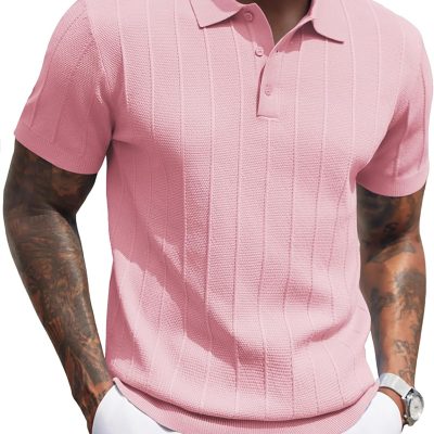 Mens Knit Polo Shirts Short Sleeve Ribbed Textured Polo Shirt Lightweight Casual Golf Shirts Collared T Shirt