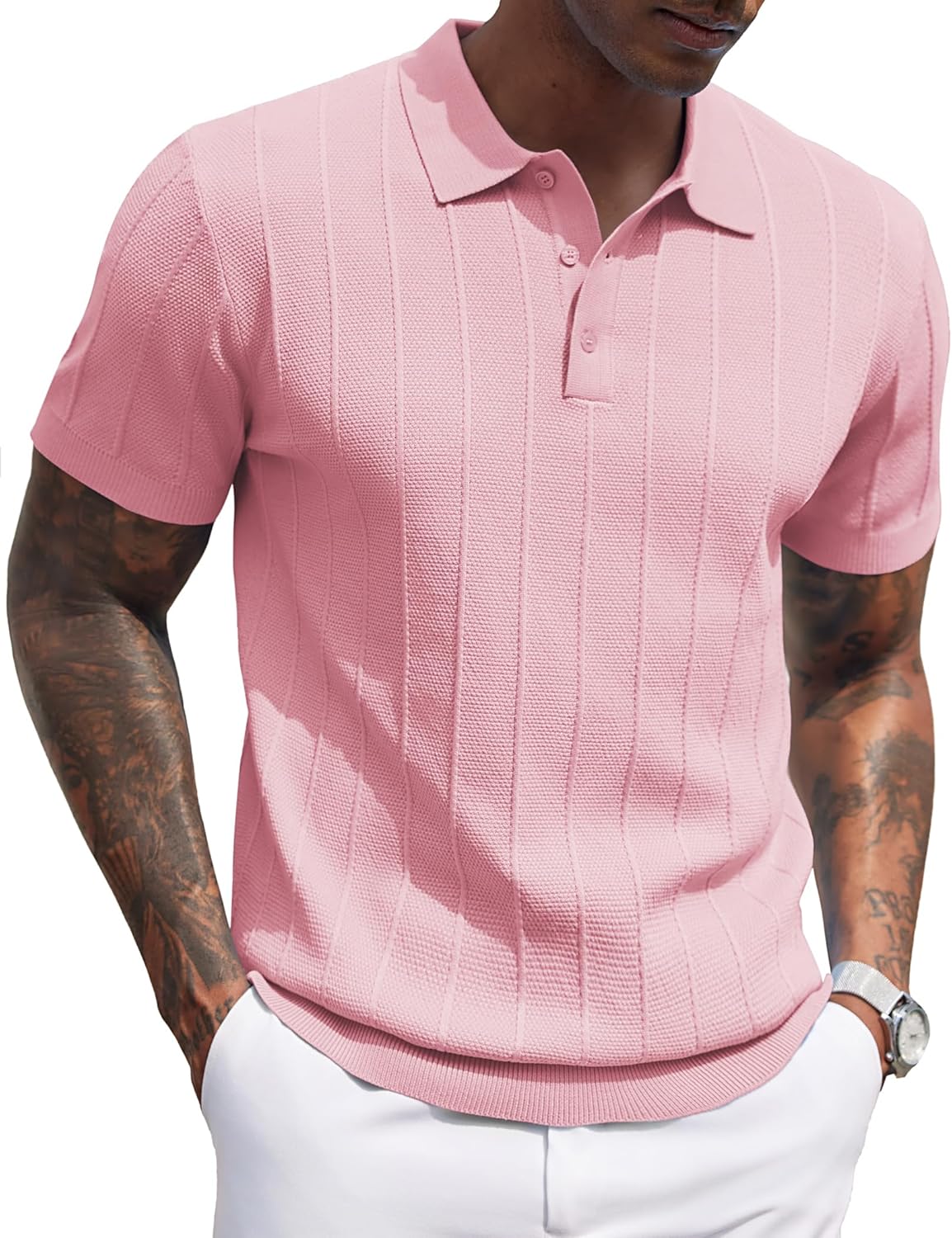 Mens Knit Polo Shirts Short Sleeve Ribbed Textured Polo Shirt Lightweight Casual Golf Shirts Collared T Shirt