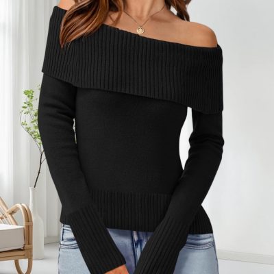 Womens Off The Shoulder Sweaters Casual Long Sleeve Ribbed Knit Slim Fit Y2K Going Out Pullover Tops